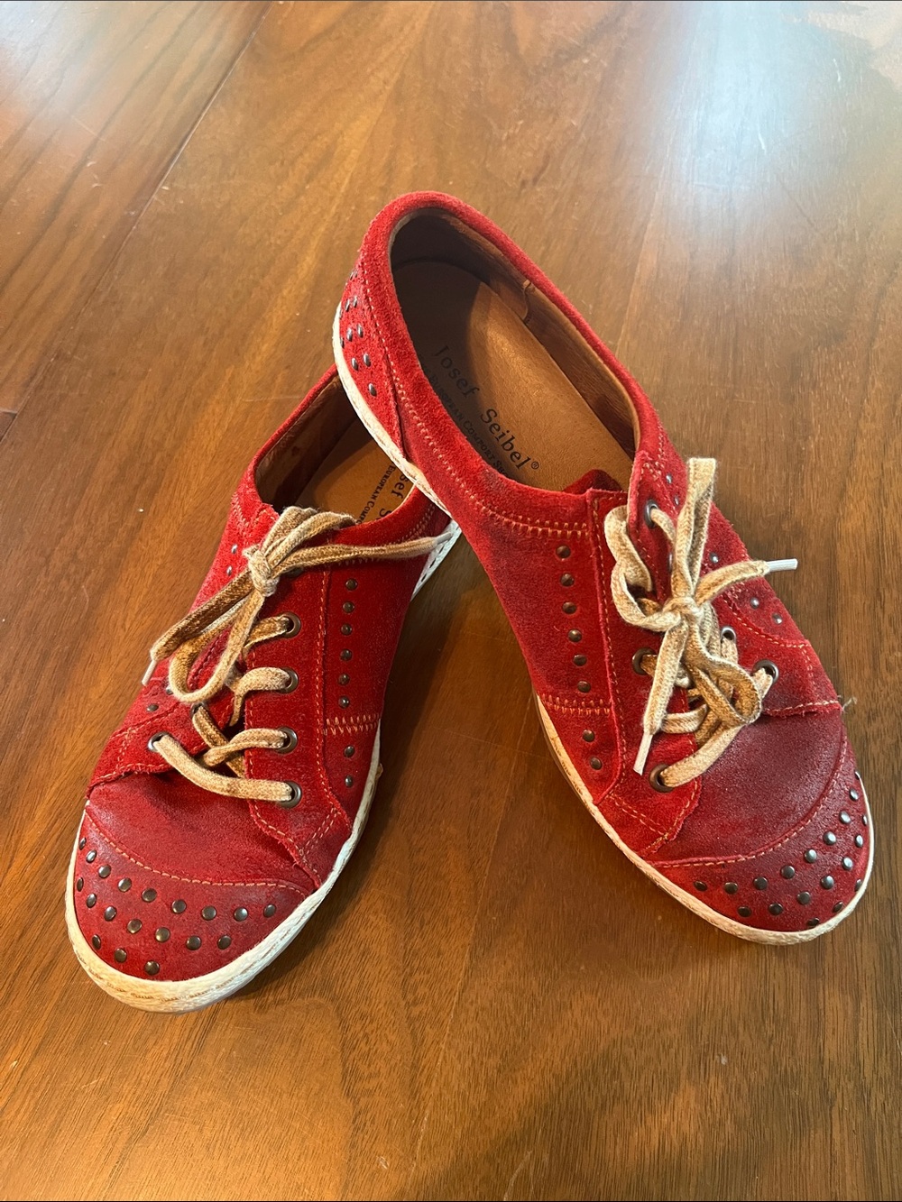 Josef Seibel Red Suede Sneakers with Tan Laces and Stud Accents